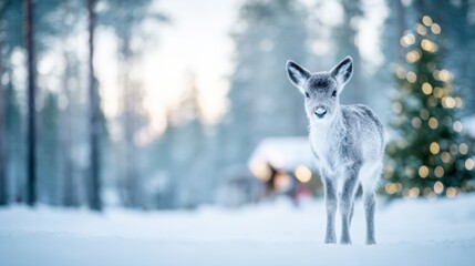 Young reindeer stands in snowy landscape near a decorated Christmas tree