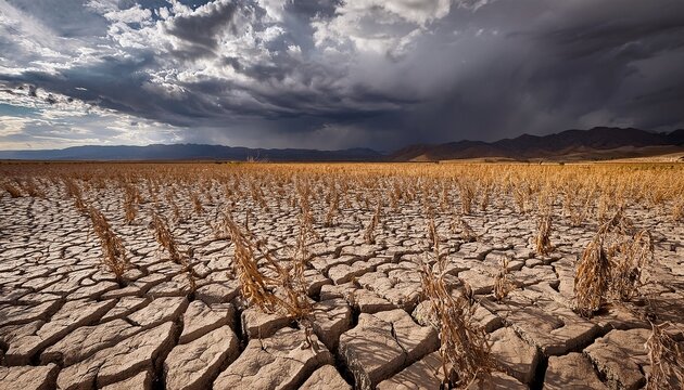 a desolate landscape plagued by drought featuring cracked earth and withered crops under ominous storm clouds capturing nature s stark beauty and struggle
