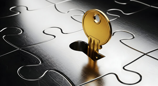 Golden Key Resting on Reflective Black Puzzle Surface with Matching Keyhole Piece &mdash; Concept of Solution, Access, Security, and Strategic Fit in Business and Problem Solving