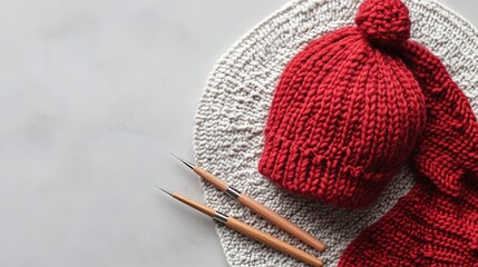 Knitting a cozy red hat and scarf set with circular needles on a round mat