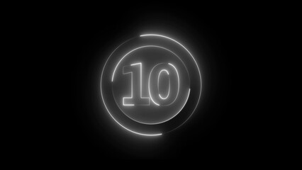 White Neon Number 10 Inside Circular Frame on Black Background numeral digit