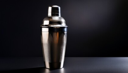 sleek metallic cocktail shaker glowing on dark surface in minimalist setting