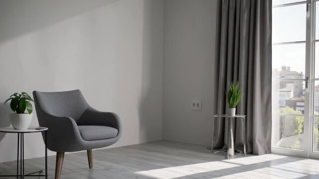 3D rendered living room interior featuring white plaster walls, armchair, and decorative elements
