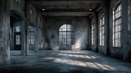 Abandoned factory interior shows a large, empty space with concrete floors, old walls, tall windows, and arched doorways in industrial building during daytime