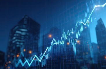 Ascending blue graph superimposed on a nighttime cityscape, suggesting financial market growth