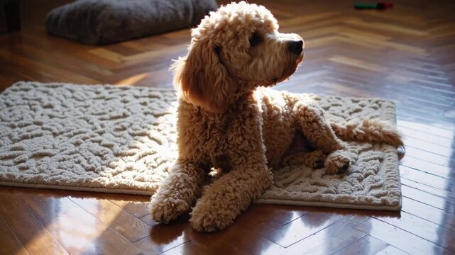 Portrait of Large Labradoodle Dog Sitting on Hardwood Floor at Home