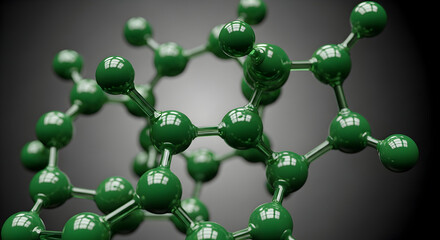 Green Molecular Model Close-Up — Chemical Structure Representation, Polymer or Organic Molecule Visualization for Chemistry, Materials Science, and Nanotechnology