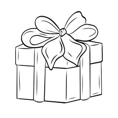 Christmas graphic gift box with ribbon. Graphic line art hand drawn ink black and white illustration vector picture. Isolated object present. For the design of postcards, posters, stickers, prints