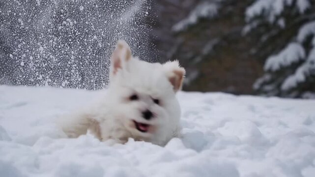 Fluffy White Bichon Frise Puppy Playing in Winter Snow