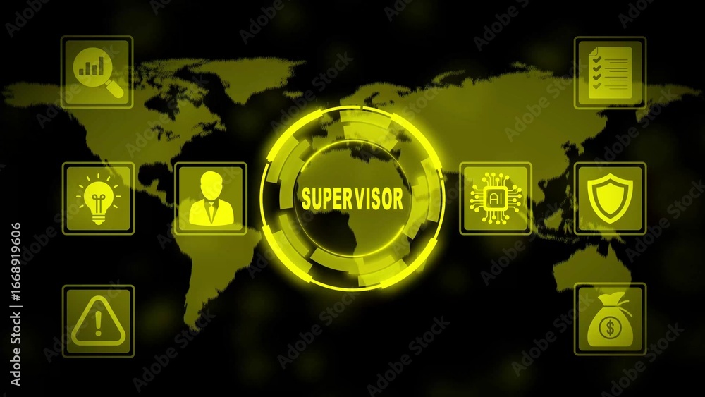 Poster world map with central glowing yellow ring displaying supervisor and surrounding icons for business 