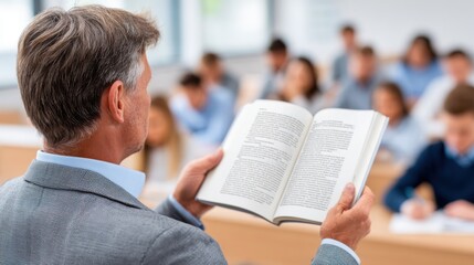 Naklejka premium A male professor, viewed from behind, reads from a book to a blurred audience of students in a lecture hall setting, emphasizing education and learning.