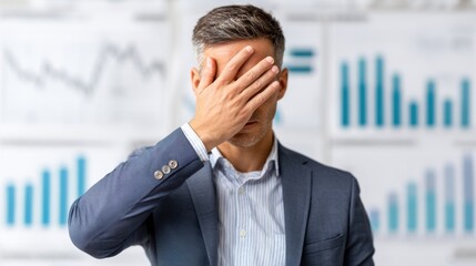 A stressed businessman covers his face with his hand in front of blurred financial charts, indicating failure or despair.