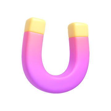 A 3D rendering of a horseshoe magnet with purple and pink curved body and yellow tips isolated on a transparent background