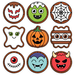 Halloween handmade cookies set scary sweet desserts isolated vector illustration on white background