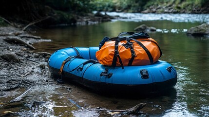 Inflatable raft conveniently packed in a bag on the riverbank ready for outdoor adventure