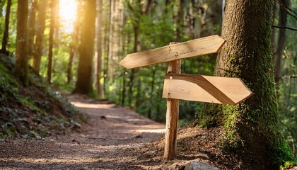 wooden signposts showing direction to experience knowledge and competence on forest pathway