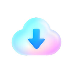Glowing 3D Cloud Icon with Downward Arrow for Data Download and Cloud Storage