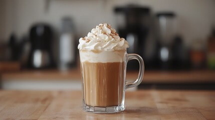 Delightful Irish coffee topped with creamy whipped cream in a cozy cafe setting awaiting enjoyment