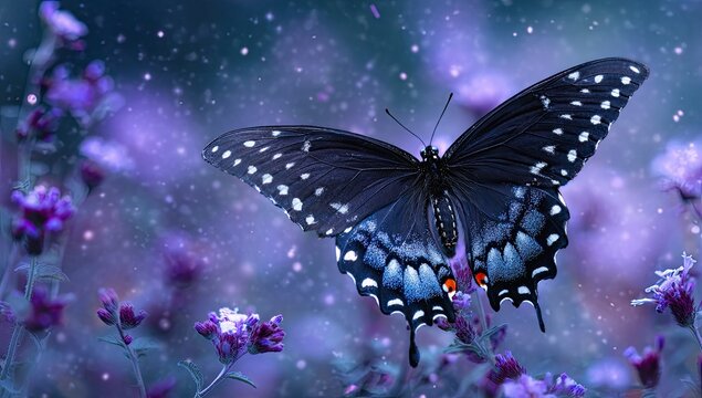 A large, dark butterfly with iridescent blue accents and orange spots rests on purple wildflowers amidst a dreamy, bokeh-filled background of purple and blue hues and sparkling particles - Powered by Adobe