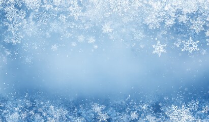 Soft blue background with a border of numerous white snowflakes of varying sizes, creating a wintery, festive feel