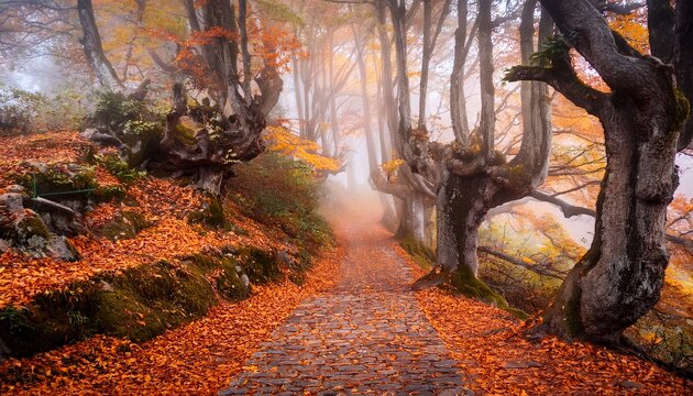 enchanted forest path with gnarled trees and orange leaves leading to misty background in autumn landscape