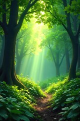 Naklejka premium Lush green forest scene, sunlight dappling through leaves, creating a magical atmosphere Perfect for nature, fantasy, and environmental themes , mystical, texture, earth