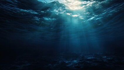 Obraz premium Sunbeams pierce deep ocean water, illuminating dark seabed and hazy upper layers