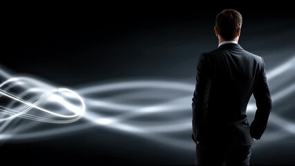 Businessman silhouette standing confidently with leadership and innovation, abstract light wave background, confidence and creativity modern business