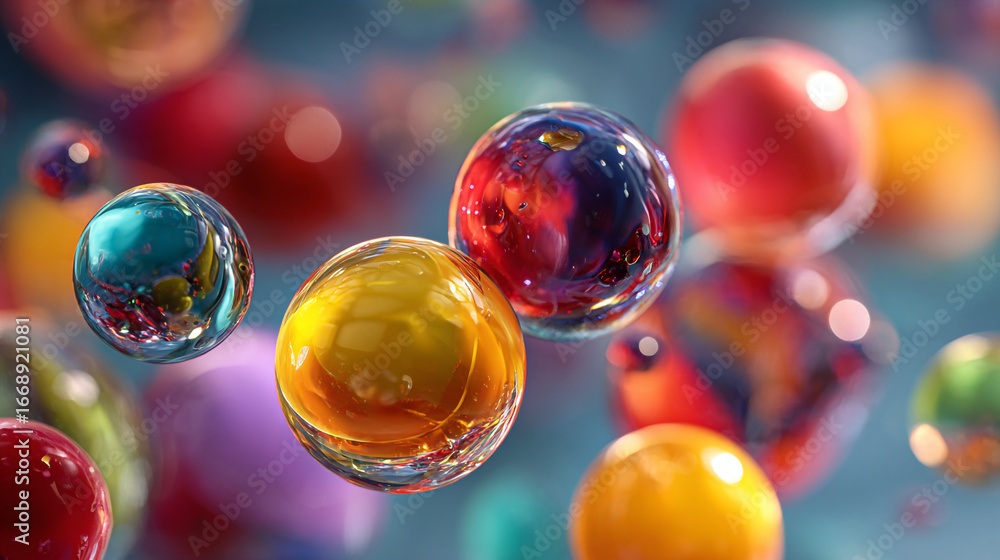 Poster a colorful array of transparent spheres with internal reflections and a soft blurred background effe
