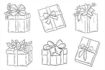 Christmas set, clip art of graphic gift box with ribbon. Graphic line art ink black and white illustration vector picture. Isolated present. For the design of postcards, posters, stickers, prints