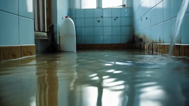 Rusty broken pipe spewing water across dilapidated bathroom floor, creating expanding puddle of flooding in neglected, decaying interior space