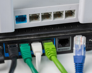 Colorful Ethernet Cables Connected to a Router. 