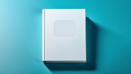 a white book mockup with a blank label sits centered on a smooth azure background casting a shadow