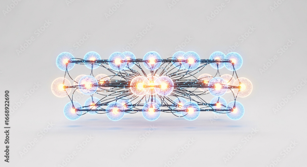 Fototapete complex network structure with glowing spheres and interconnected wires on a light background
