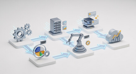 Diagram showing data flow with gears server robot arm and cloud on white background in a modern style