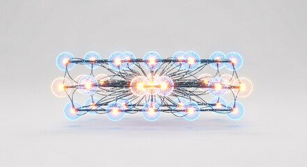 Complex network structure with glowing spheres and interconnected wires on a light background