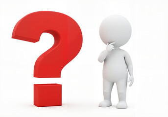 3D character thinking with red question mark icon illustration