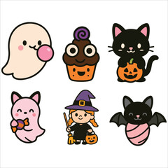 Fototapeta premium Halloween Icon Set – Cute Ghosts, Cats, Cupcake & Bat