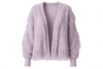 Studio shot of a purple woollen cardigan with long sleeves and fringes, isolated on transparent background