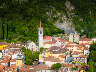 Varenna, Como lake. Picturesque village in Lombardy, Italy. Aerial panoramic drone view of...