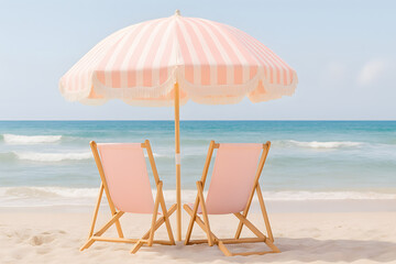 pink beach chairs and umbrella