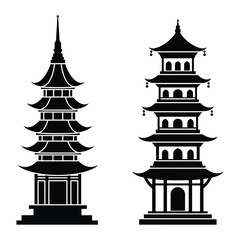 Two black pagoda silhouettes on white background