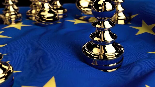 Three-dimensional representation of elected officials symbolized as chess pieces positioned on symbolic flag