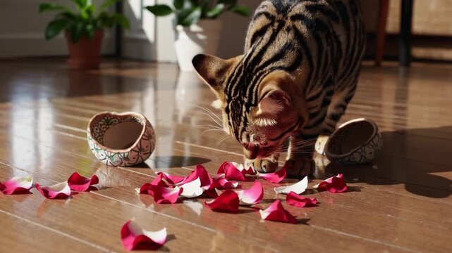 Guilty feline of the Toyger breed amidst the shattered fragments of terracotta vessel which previously contained cultivated red rose blossoms