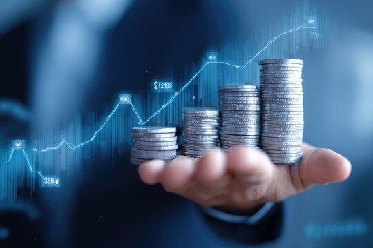 Hand holding stacks of coins, financial growth graphic overlay - Powered by Adobe