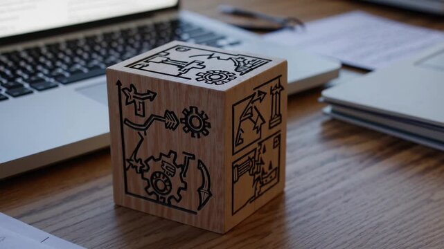 Wooden building block with hand-drawn business plan ry