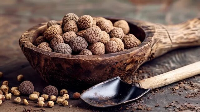 Rustic wooden bowl holding aromatic allspice berries, metal scoop nearby, dark backdrop