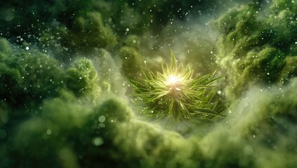 Green, glowing cell in swirling, smoky nebula