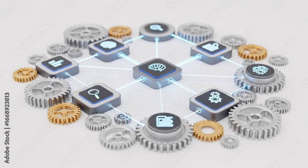 Fototapete a network of connected icons and gears representing artificial intelligence and machine learning con