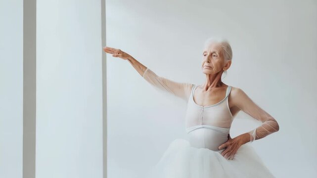 Mature female ballet dancer wearing white tutu executing graceful classical dance pose with elegance and control in minimalist studio setting